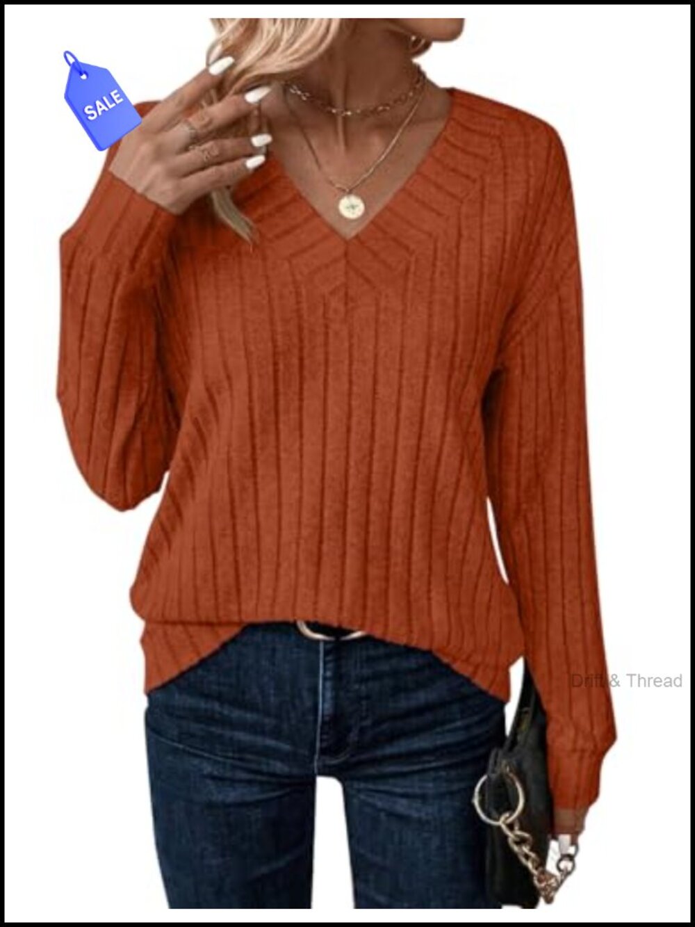 Womens V-Neck Long Sleeve Tunic Top Lightweight Soft Pullover Sweater